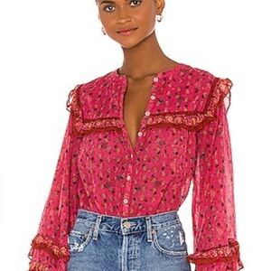 Free People pink button down boho hippie floral pilgrim blouse size S